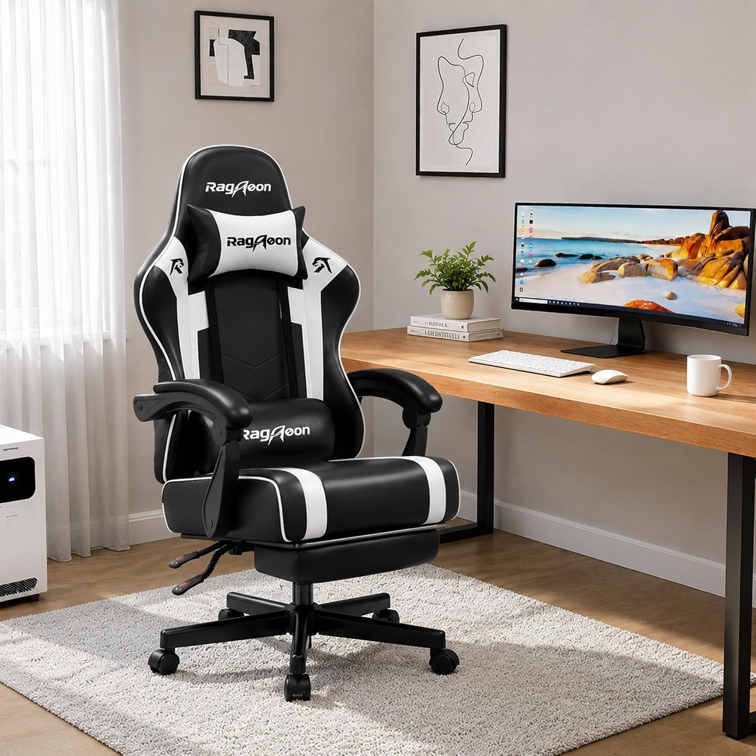 Video Gaming Chair for Adults with Footrest,Ergonomic PC Chair,Arctic White - Image 2