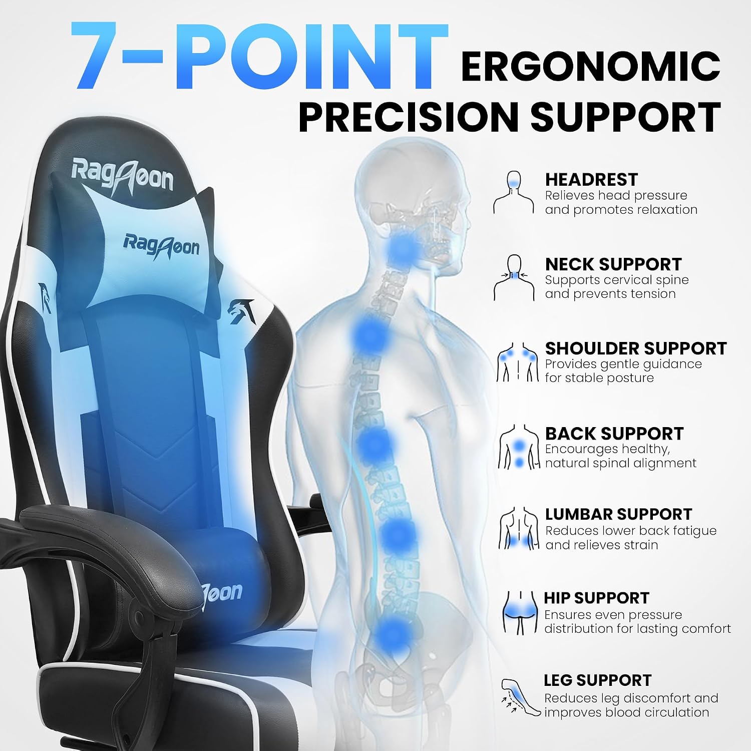 Video Gaming Chair for Adults with Footrest,Ergonomic PC Chair,Arctic White - Image 6