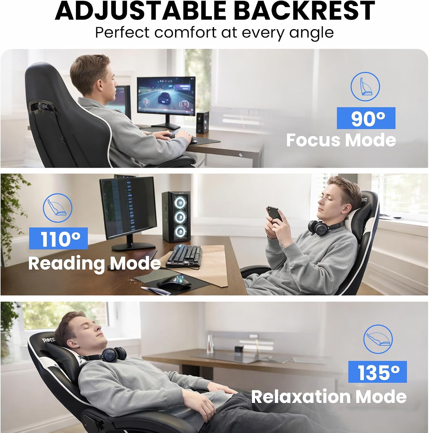 Video Gaming Chair for Adults with Footrest,Ergonomic PC Chair,Arctic White - Image 9