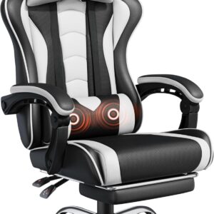 Yaheetech Gaming Chair with Footrest Massage Lumbar Pillow Black and White