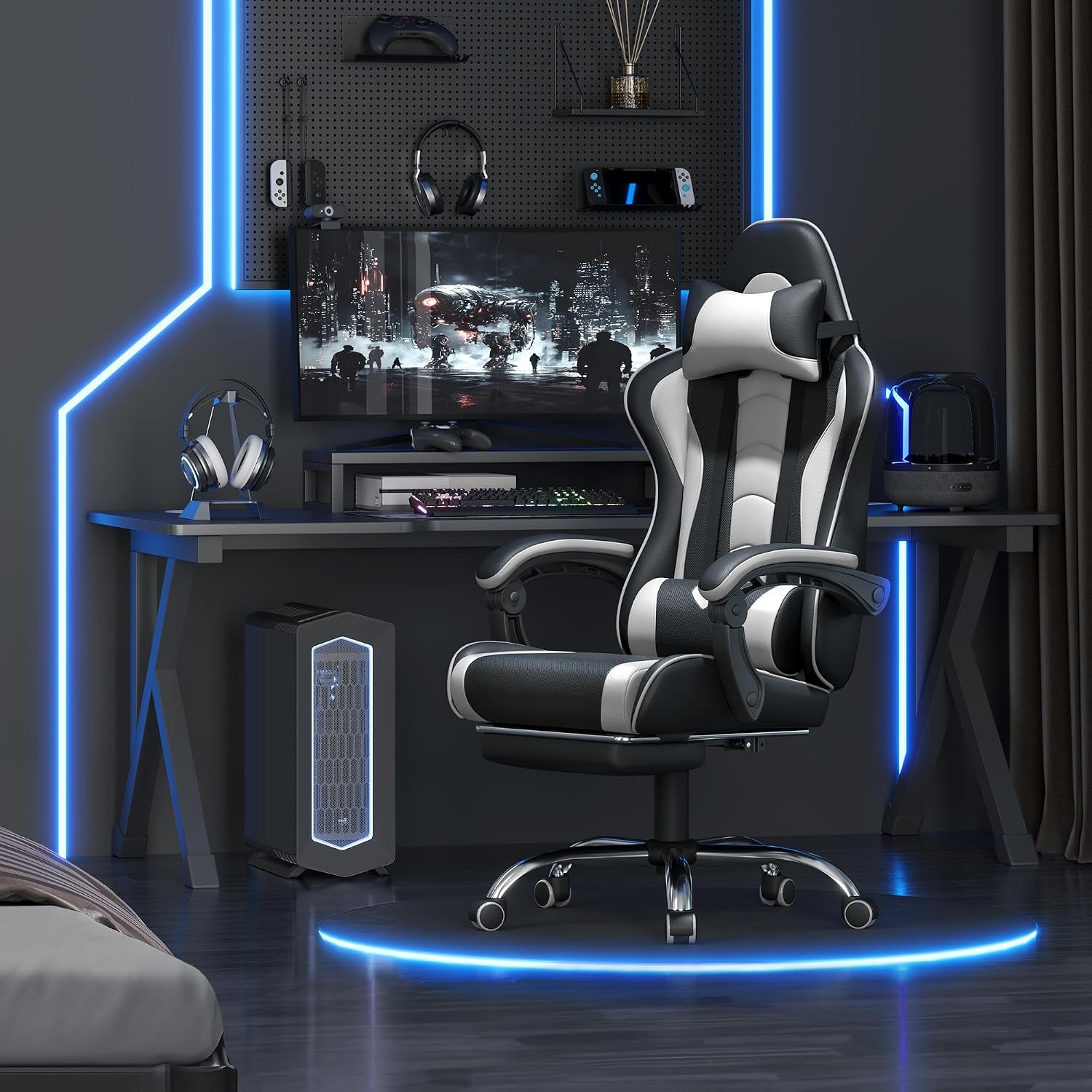Yaheetech Gaming Chair with Footrest Massage Lumbar Pillow Black and White - Image 2