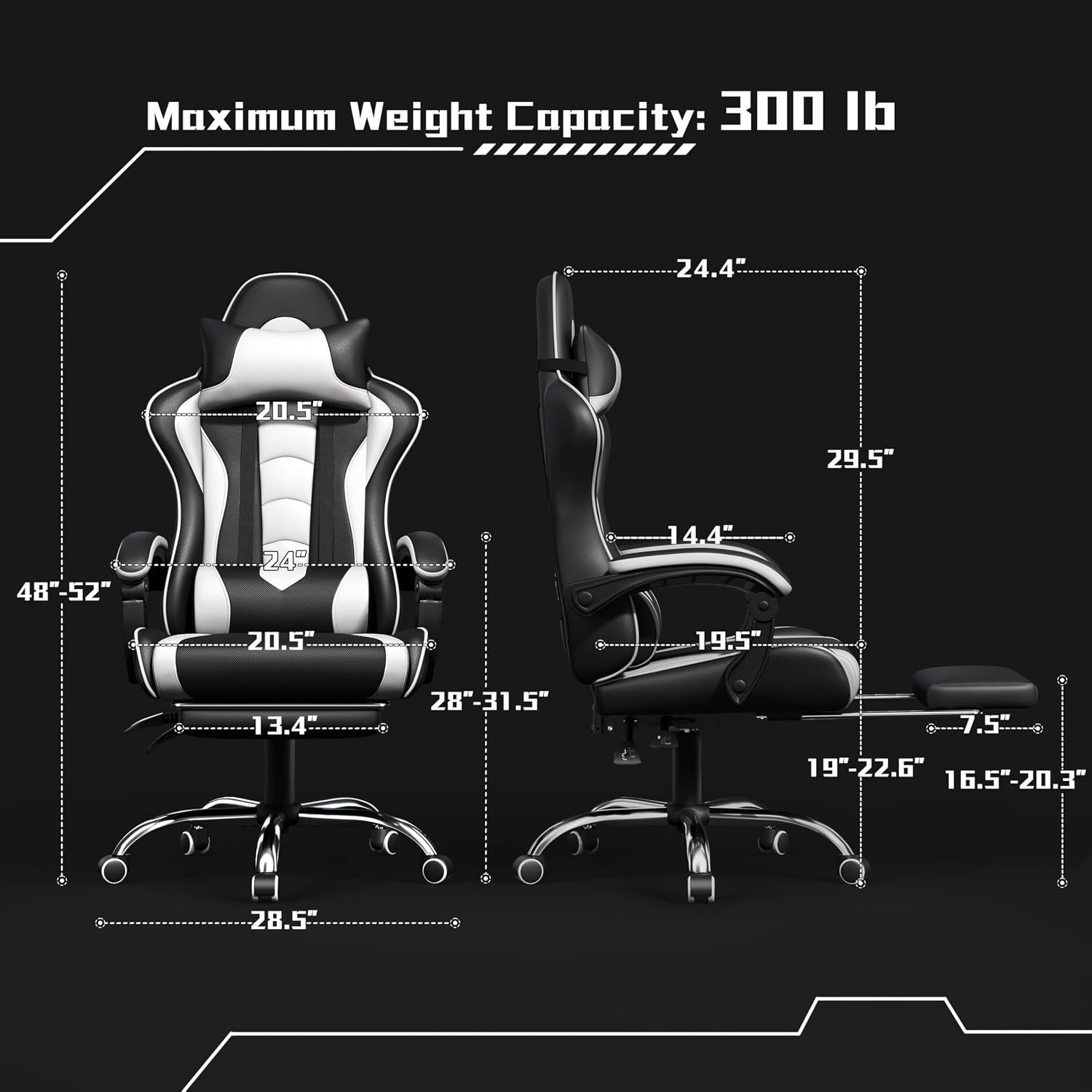 Yaheetech Gaming Chair with Footrest Massage Lumbar Pillow Black and White - Image 3