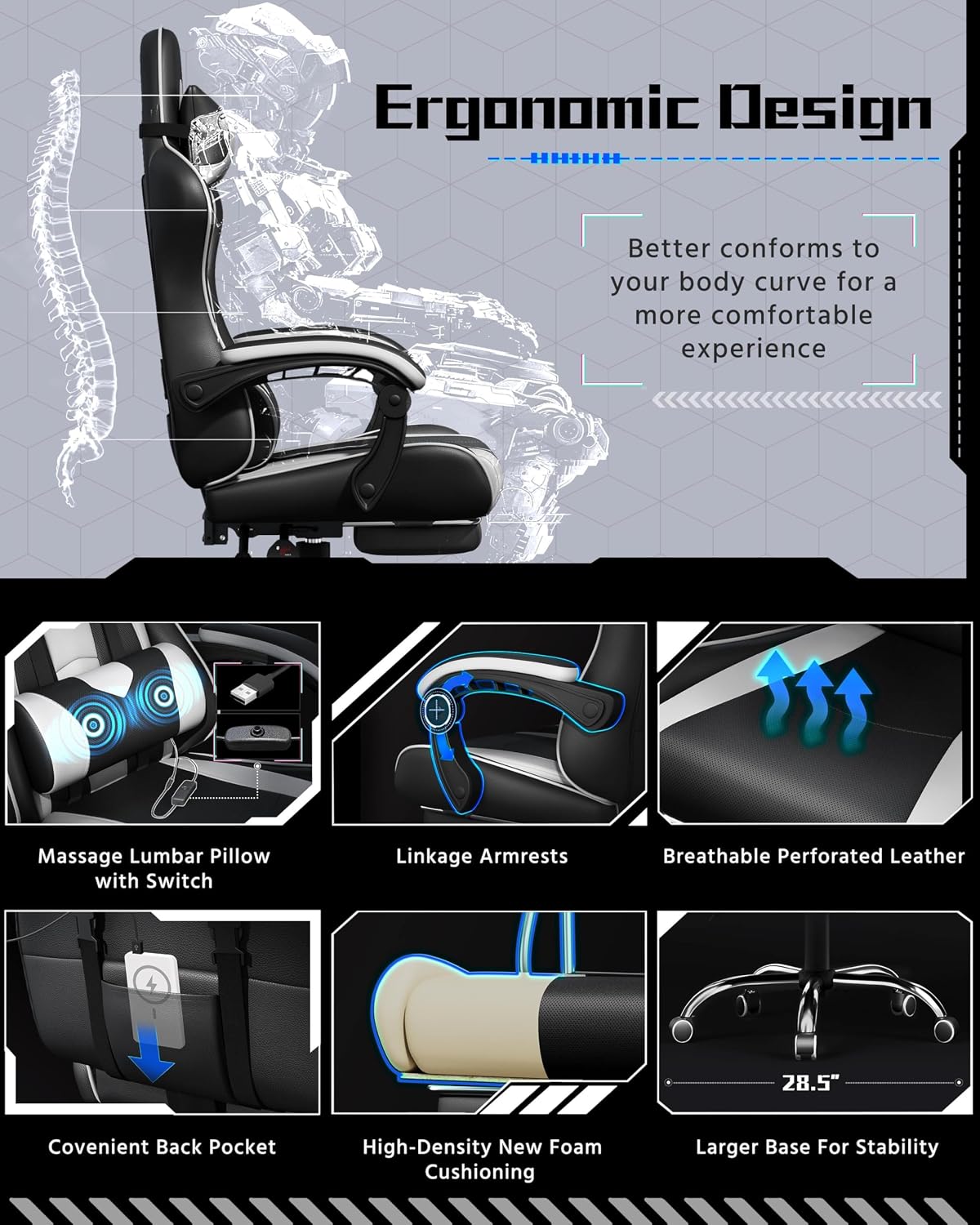 Yaheetech Gaming Chair with Footrest Massage Lumbar Pillow Black and White - Image 4