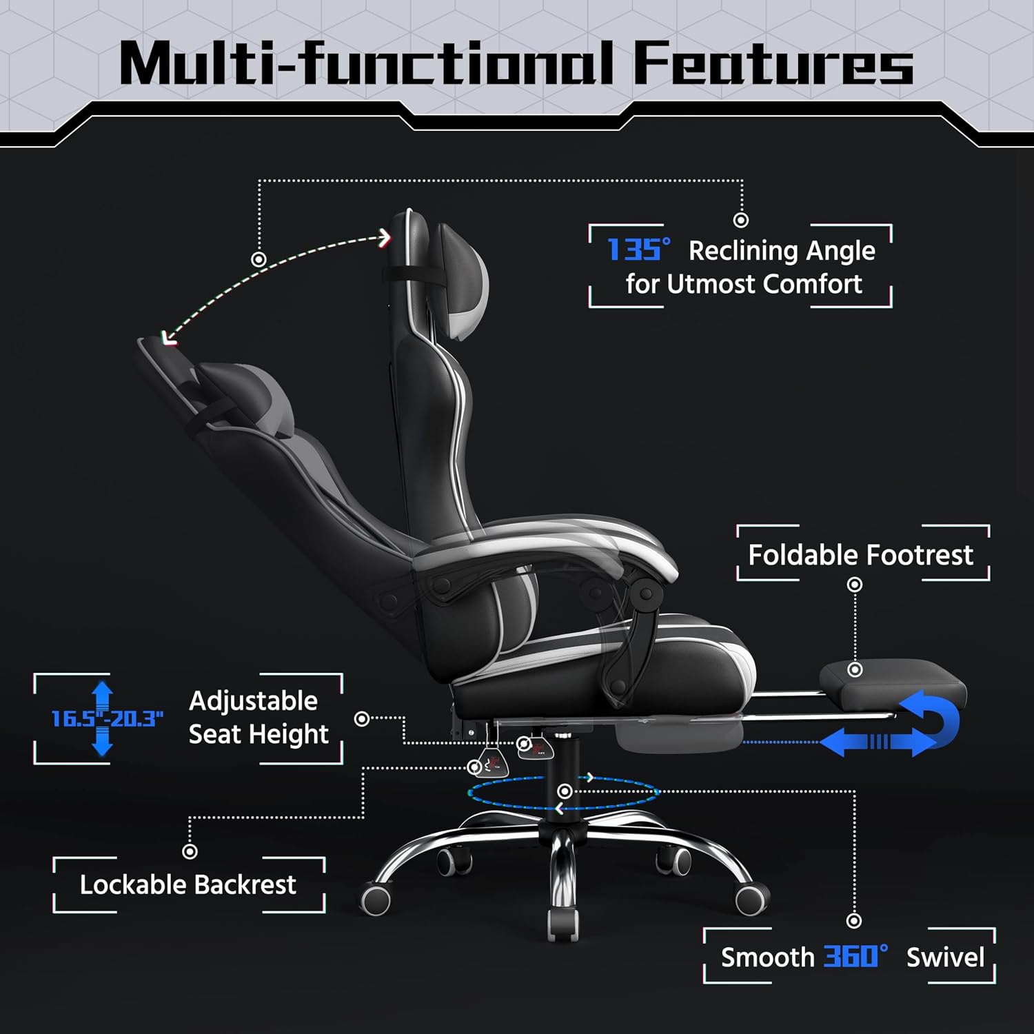 Yaheetech Gaming Chair with Footrest Massage Lumbar Pillow Black and White - Image 6