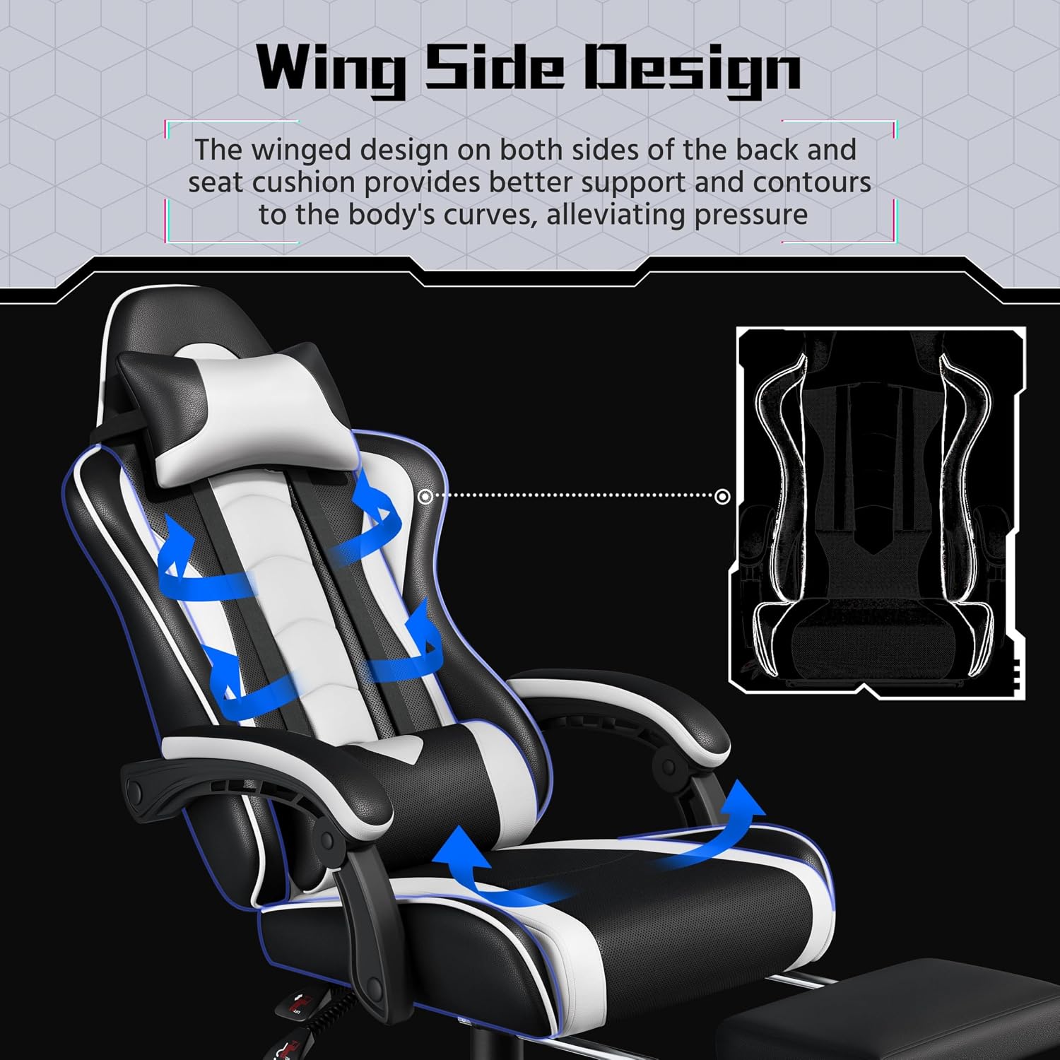 Yaheetech Gaming Chair with Footrest Massage Lumbar Pillow Black and White - Image 8